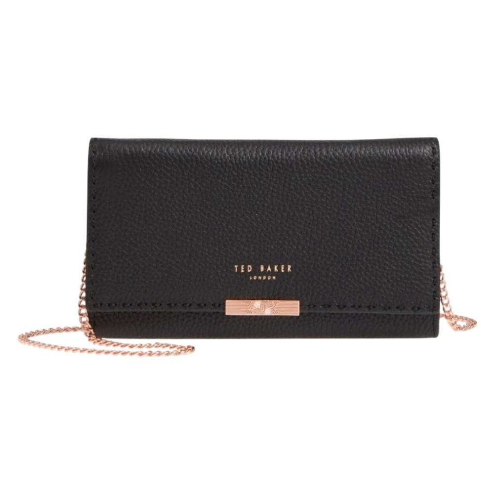 NWOT Ted Baker Janet Black Pebble Leather Matinée Wallet On Rose Gold Chain